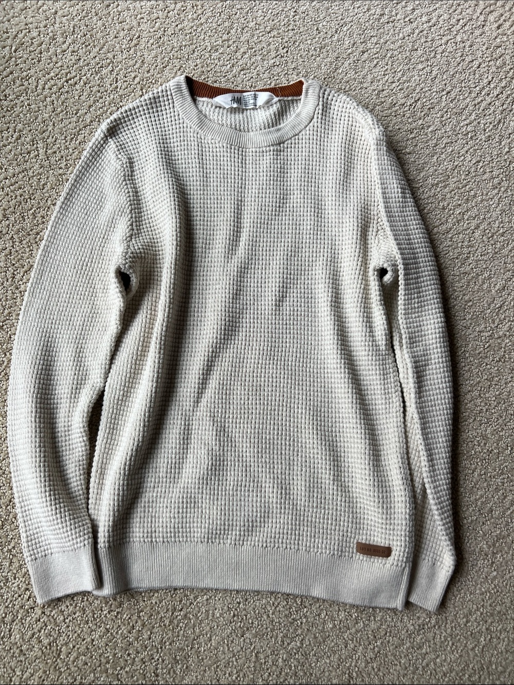 H&M Men's Cream Waffle-Knit Crewneck Sweater
